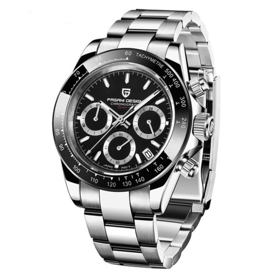 Silver wristwatch with black dial on a white background