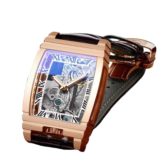 Luxury rose gold watch with intricate design on a dark background