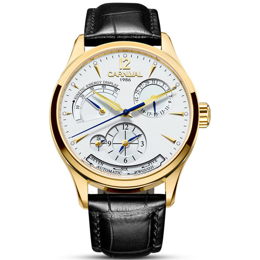 Gold wristwatch with a black leather strap on a white background