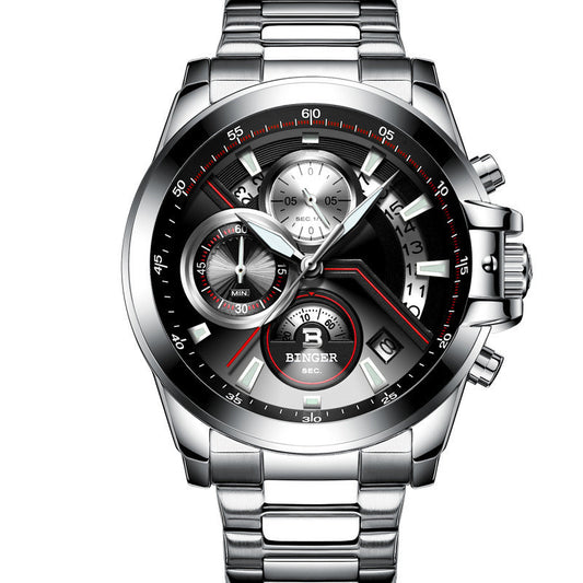 Silver wristwatch with a black dial on a white background
