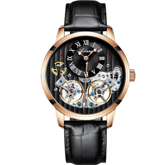 Luxury watch with black leather strap and visible mechanical components on a white background