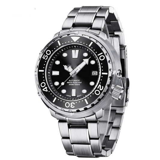 Silver wristwatch with black dial on a white background