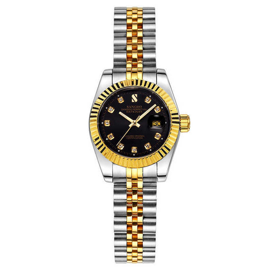 Two-tone watch with black face and gold accents on a white background