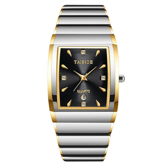 Silver and gold watch with black face on a white background