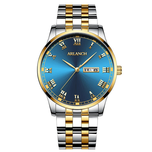 Waterproof Dual Calendar Week Watches Quartz Watch Stainless Steel Roman Scale Three-Needle Men's Watch Exquisite Steel Band