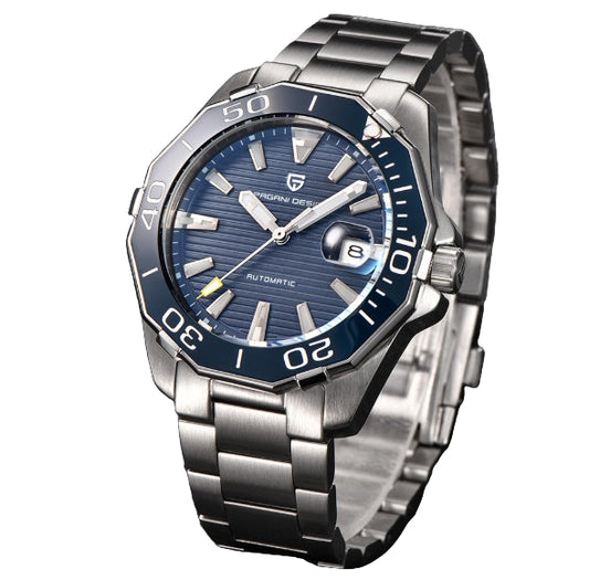 Silver watch with blue dial on a dark background
