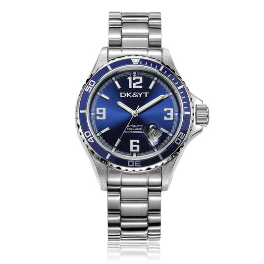 Silver watch with blue dial on a white background