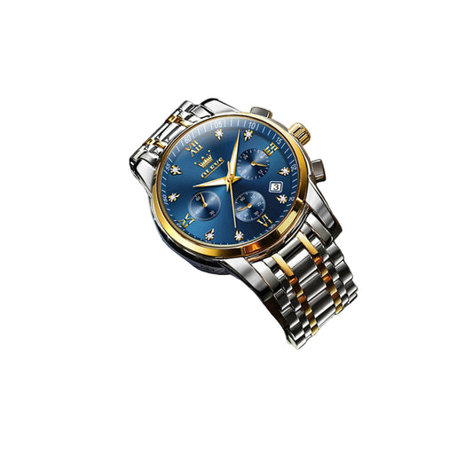 Luxury watch with blue face and gold accents on a wrist, wearing a striped suit.