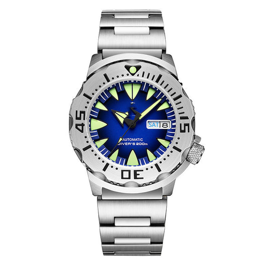 Silver wristwatch with a blue and green face on a white background