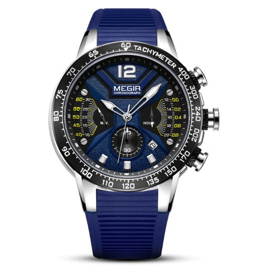 Blue Megia watch with detailed face on a white background