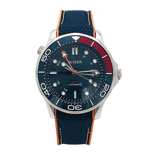 Watch with blue strap and red accents on a white background