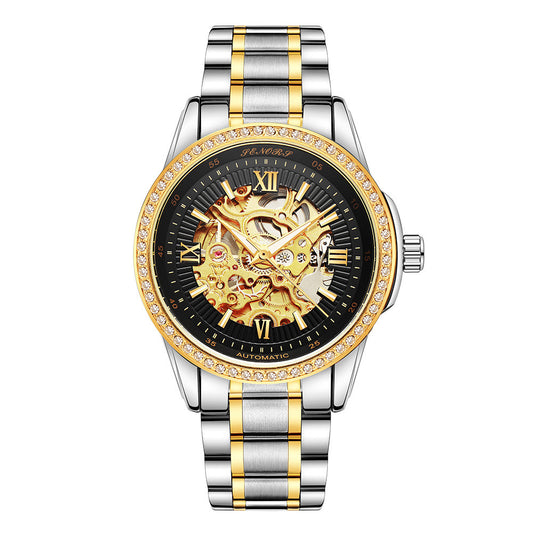 Luxury watch with gold and silver band on a white background