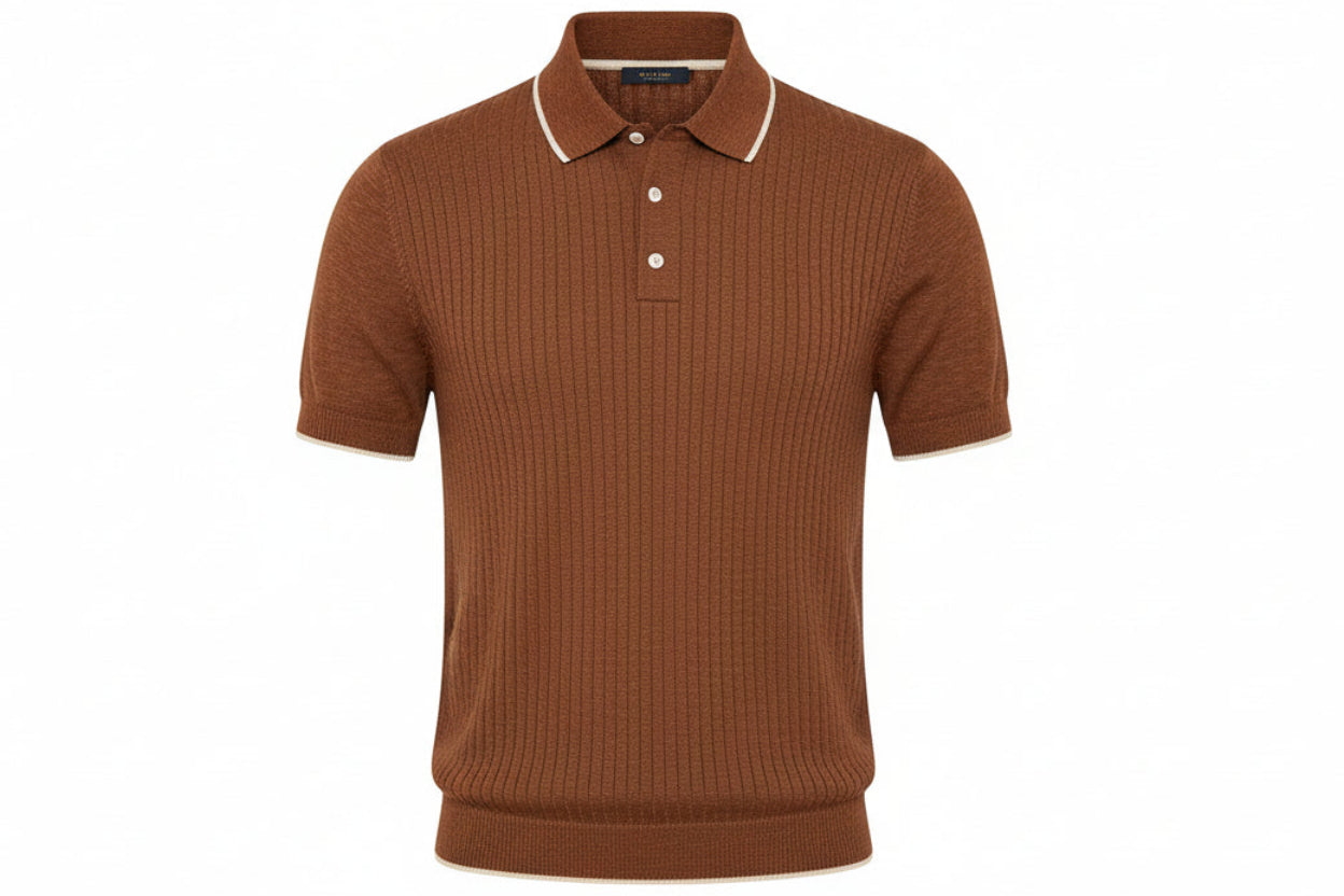 “Men’s Knitted Polo Shirt – Short Sleeve Textured Brown”