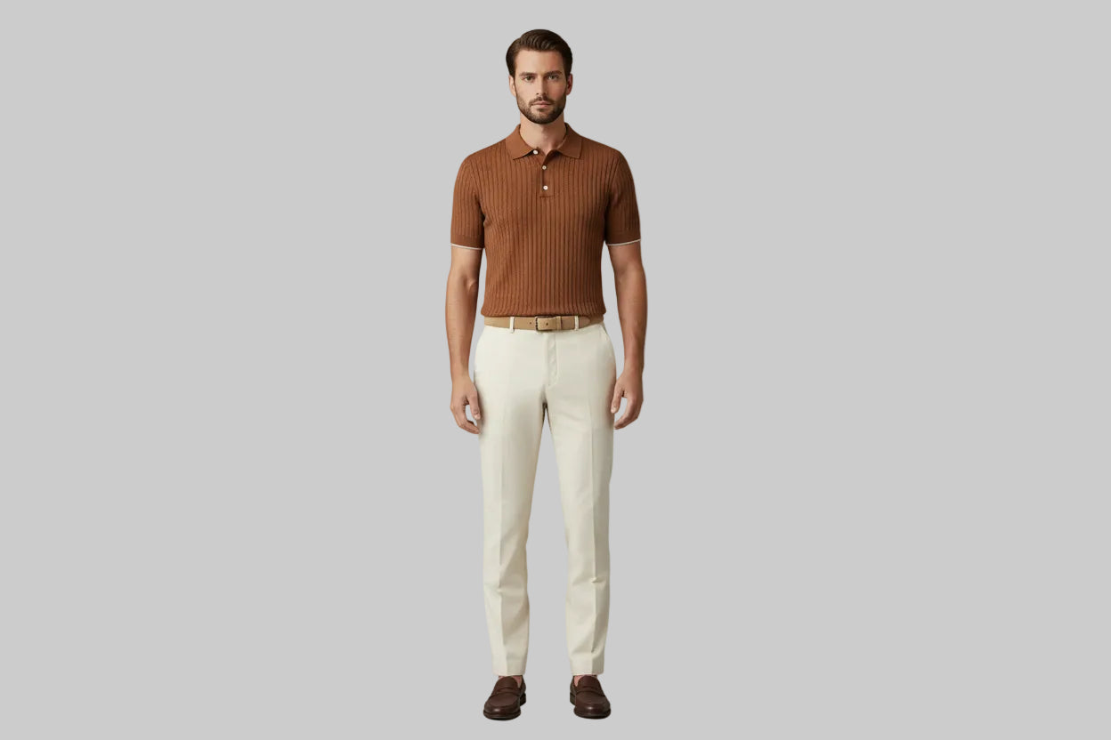 “Men’s Knitted Polo Shirt – Short Sleeve Textured Brown”