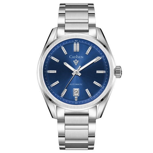 Silver watch with a blue dial on a white background