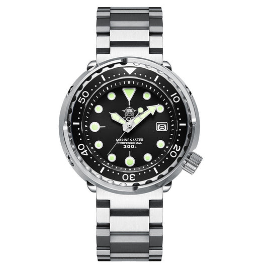 Marine Master professional dive watch with black dial and silver bracelet on a white background