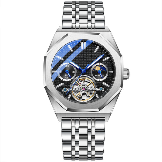 Silver watch with a detailed face on a white background