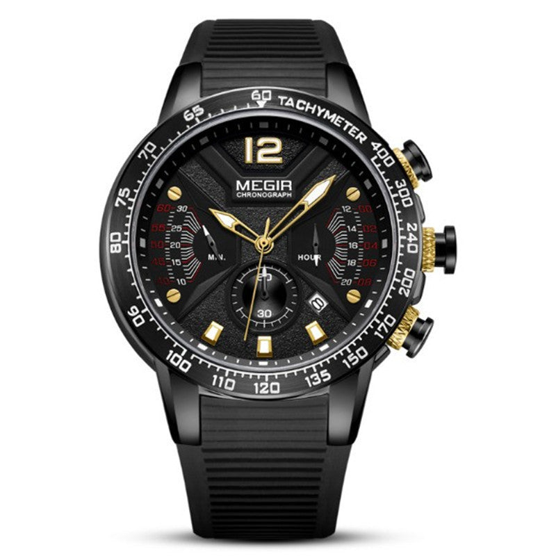 Black and gold Megir watch on a white background