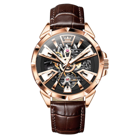 Luxury watch with brown leather strap and rose gold casing on white background