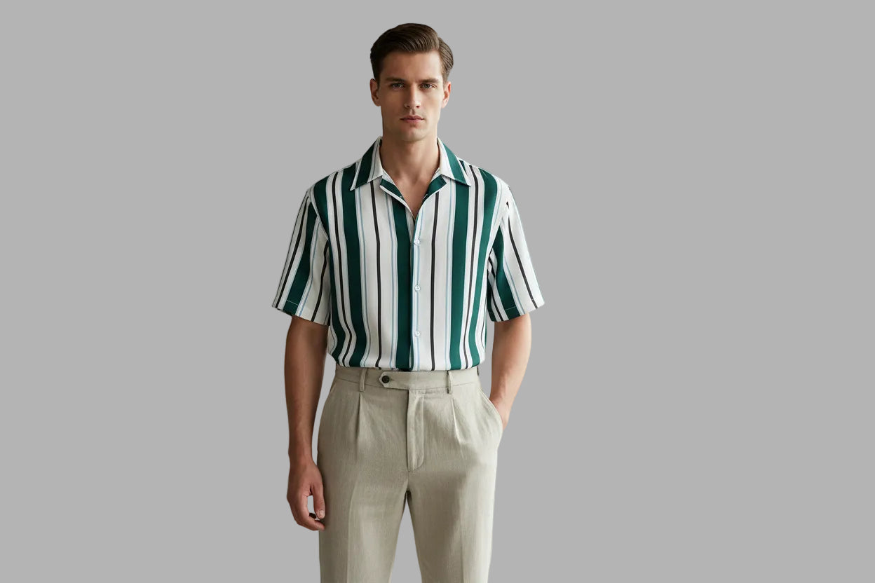 Men’s Vertical Stripe Short-Sleeve Shirt – Modern Relaxed Fit