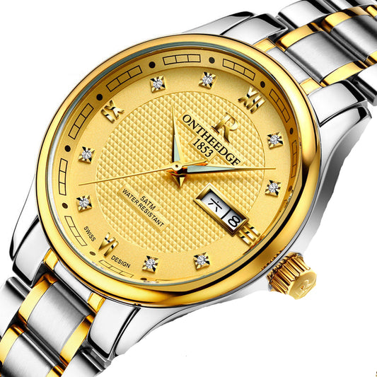 Gold and silver watch with detailed face and brand name on a white background