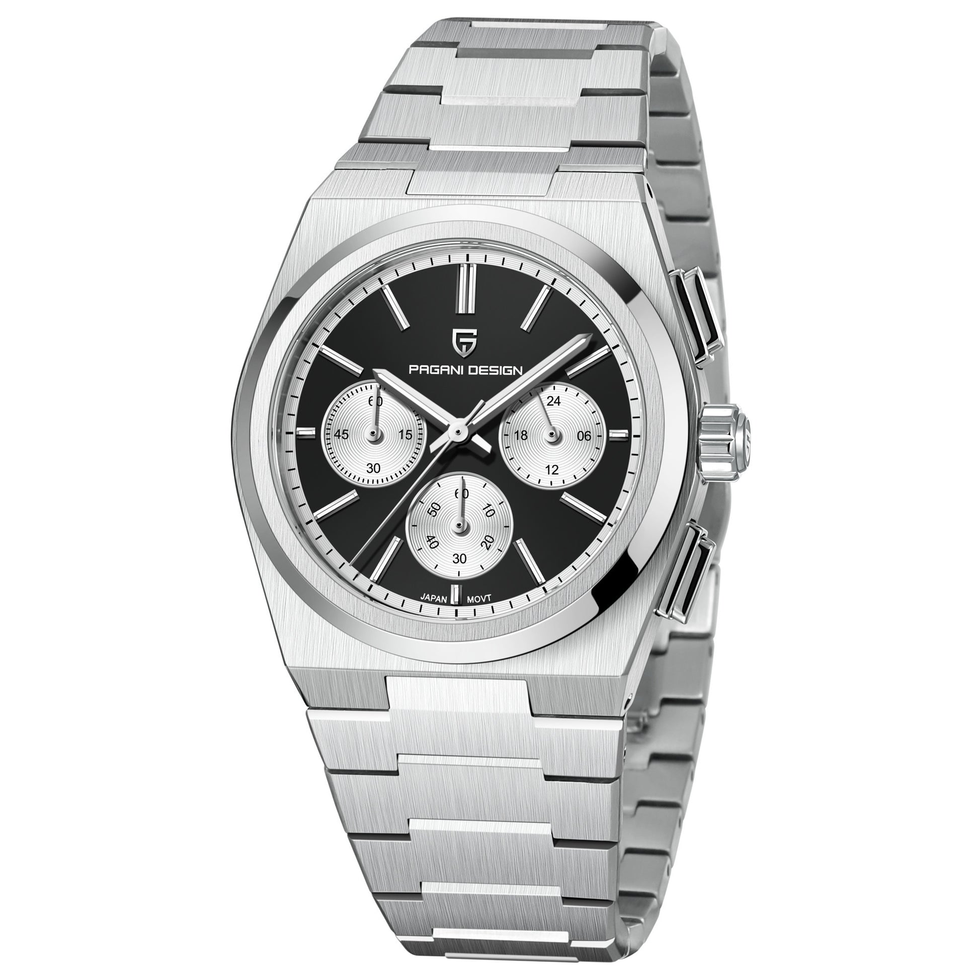 Silver watch with black dial on a white background