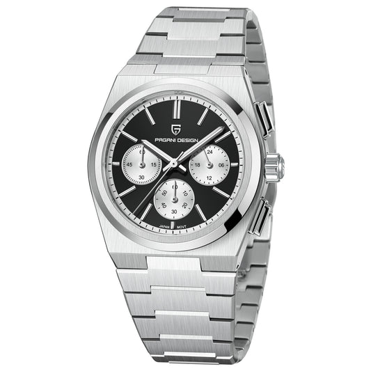 Silver watch with black dial on a white background
