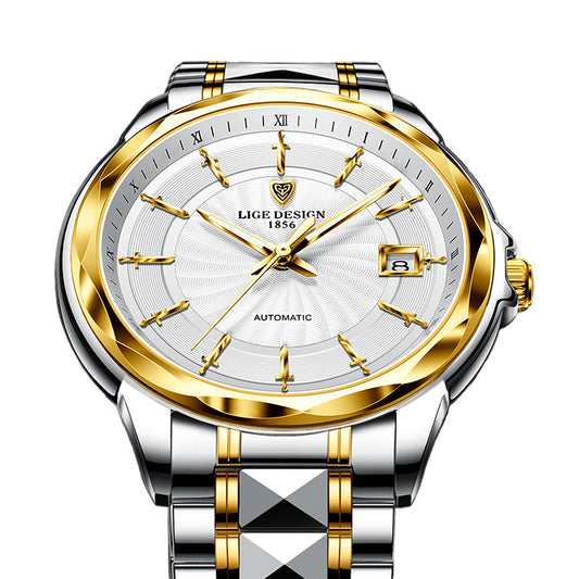 Luxury silver and gold watch with white dial on a dark background