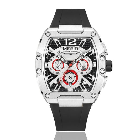 Luxury watch with black strap and silver case on a white background