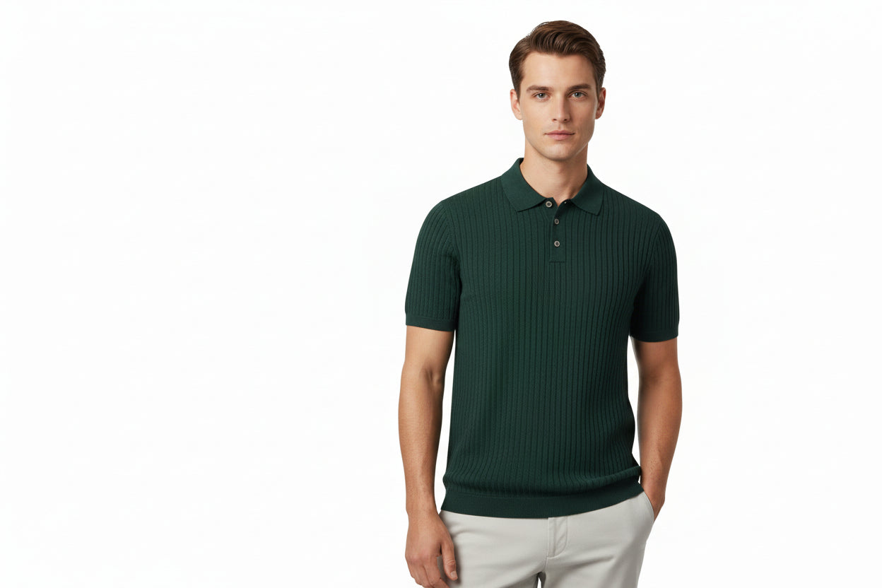 Men’s short-sleeve polo shirt, fine knit.