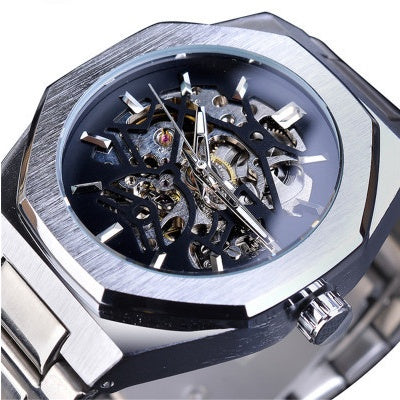 Silver skeletonized watch with intricate mechanical components on a white background