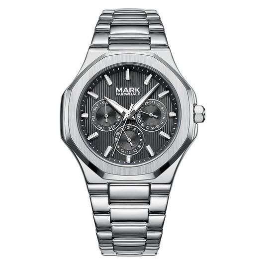 Silver watch with a detailed face on a white background