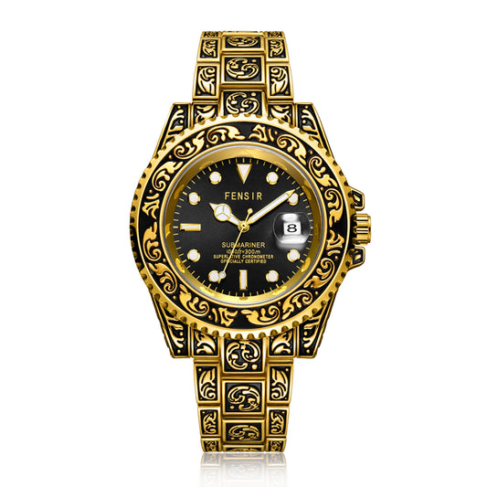 Gold and black ornate watch on a white background
