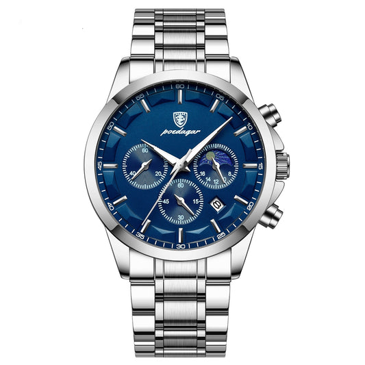 Silver watch with a blue face on a white background