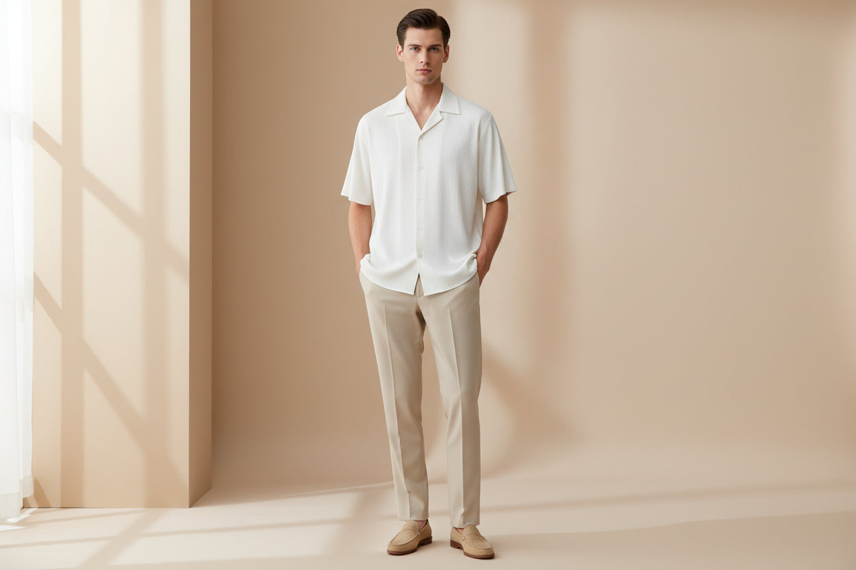 Men’s Ivory Plissé Textured Resort Shirt