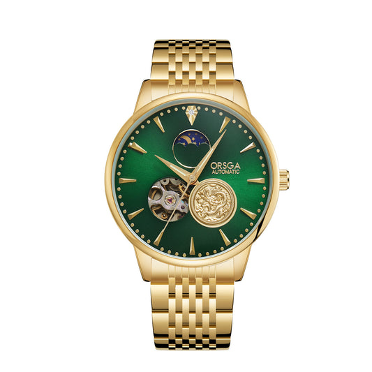 Gold watch with green face on a white background