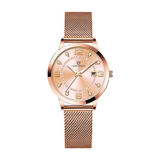 Genuine Watch Luminous Women's Waterproof Korean Style Fashion Women's Watch Mesh Buckle Double Calendar Vacuum Plated Steel Mesh Belt Watch