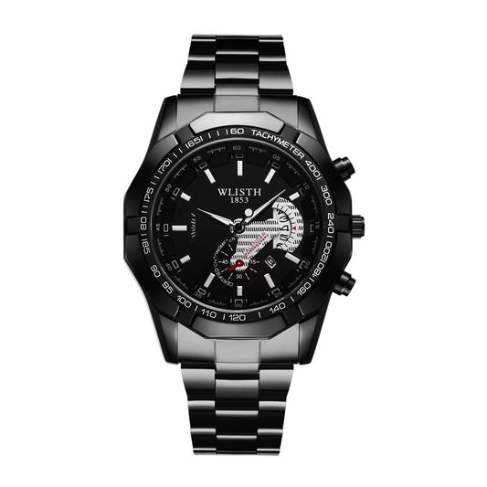 Black wristwatch with detailed face on a white background