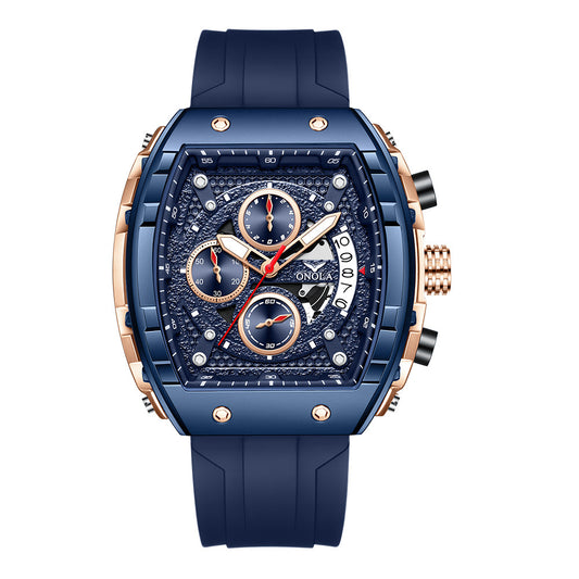 Luxury blue watch with rose gold accents on a white background