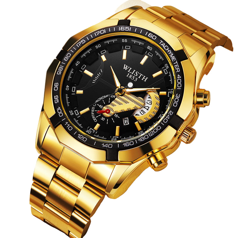 Gold wristwatch with black dial on a beige background