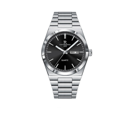 Silver and black watch with brand logo on a white background