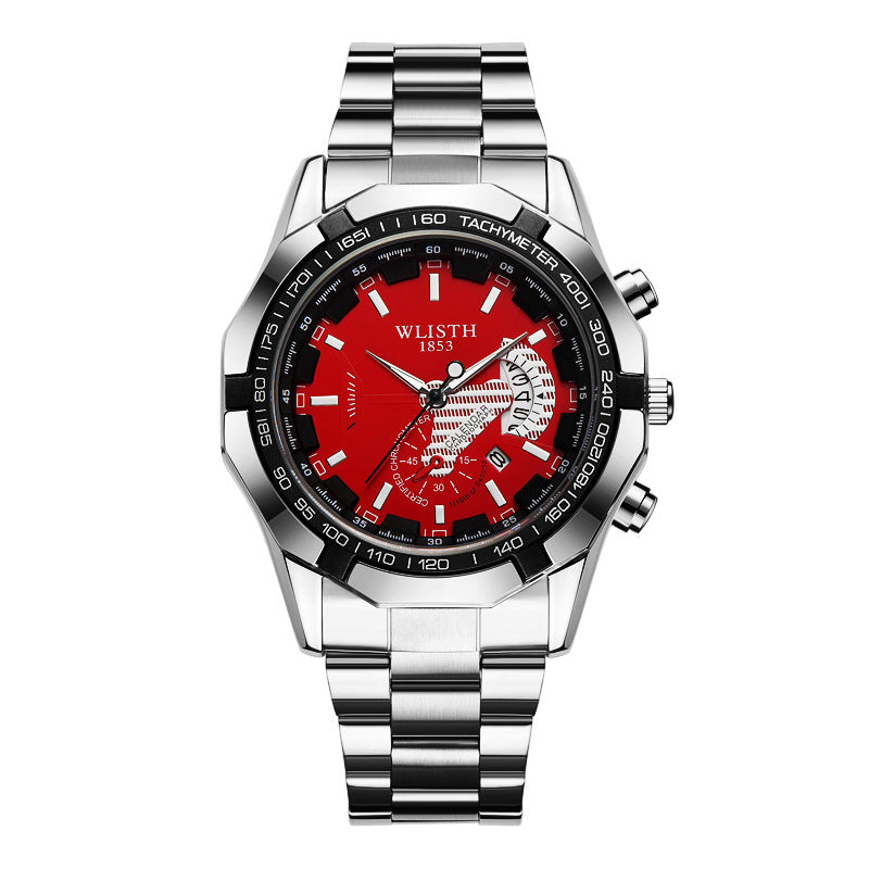 Silver wristwatch with a red face on a white background