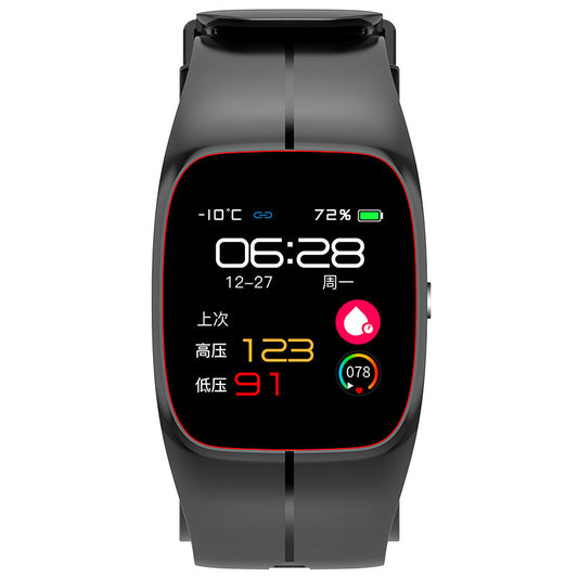 Black smartwatch with a digital display on a white background