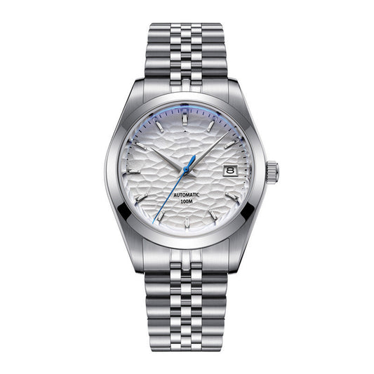 Silver wristwatch with a detailed face on a white background