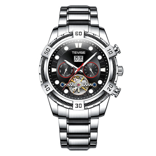 Silver wristwatch with a black face on a white background
