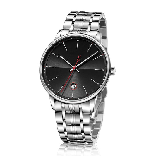 Silver watch with black face and red second hand on a white background