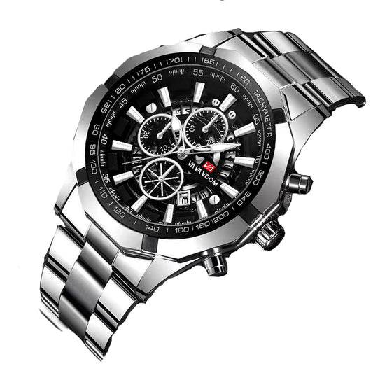 Silver wristwatch with black dial in a box