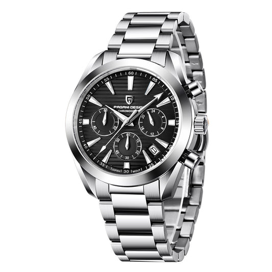 Silver wristwatch with black dial on a white background