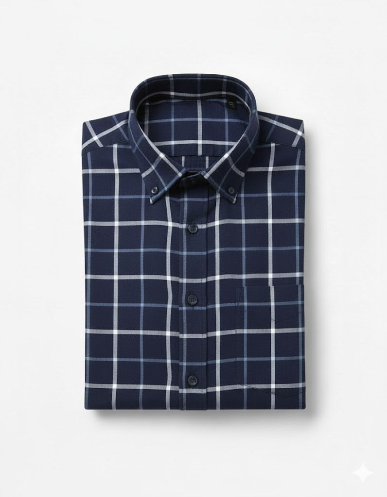 Men’s Blue Gingham Check Cotton Button-Down Shirt