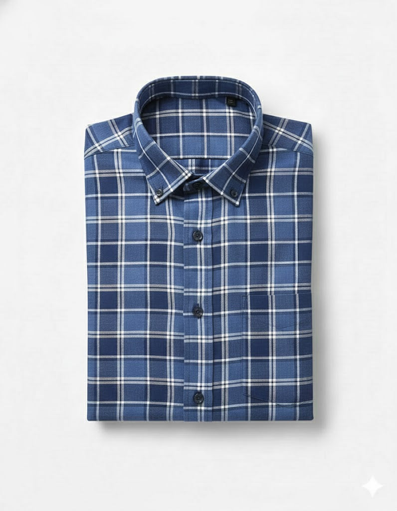 Men’s Blue Gingham Check Cotton Button-Down Shirt